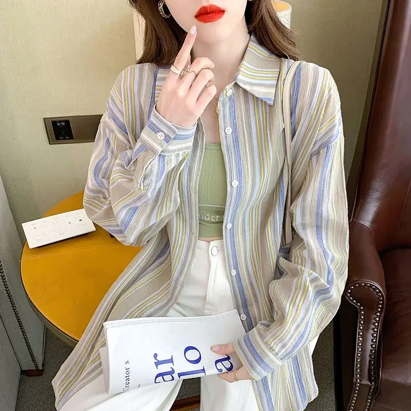 Spring Autumn Striped Contrast Color Shirt Women Turn-down Collar Fashion Long Sleeve Button Patchwork Cardigan Elegant Y2K Tops
