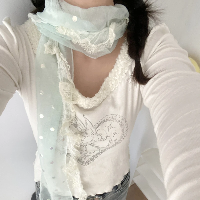 Spring New Fresh Thin Lace Scarf Summer Sunscreen Versatile Cute JK Scarf Vintage Polka Outdoor Skirt Accessories Scarf