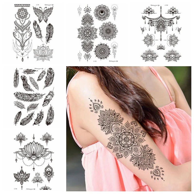 Black Mandala Flower Skin Tattoo Sticker Waterproof & Temporary Flase  Disposable Tribal Tattoo Sticker for Leg Arm Body Face