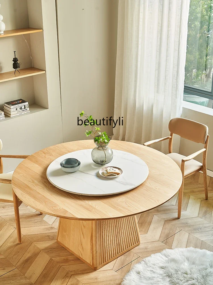 

LXSolid Wood Silent Style round Dining Table and Chair Cream Log Modern Simple Home round Table