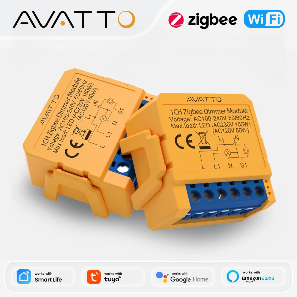 AVATTO Tuya ZigBee/WiFi Dimmer Switch Module DIY Breaker 1/2 Gang Supports 2 Way Control Works with Alexa Google Home