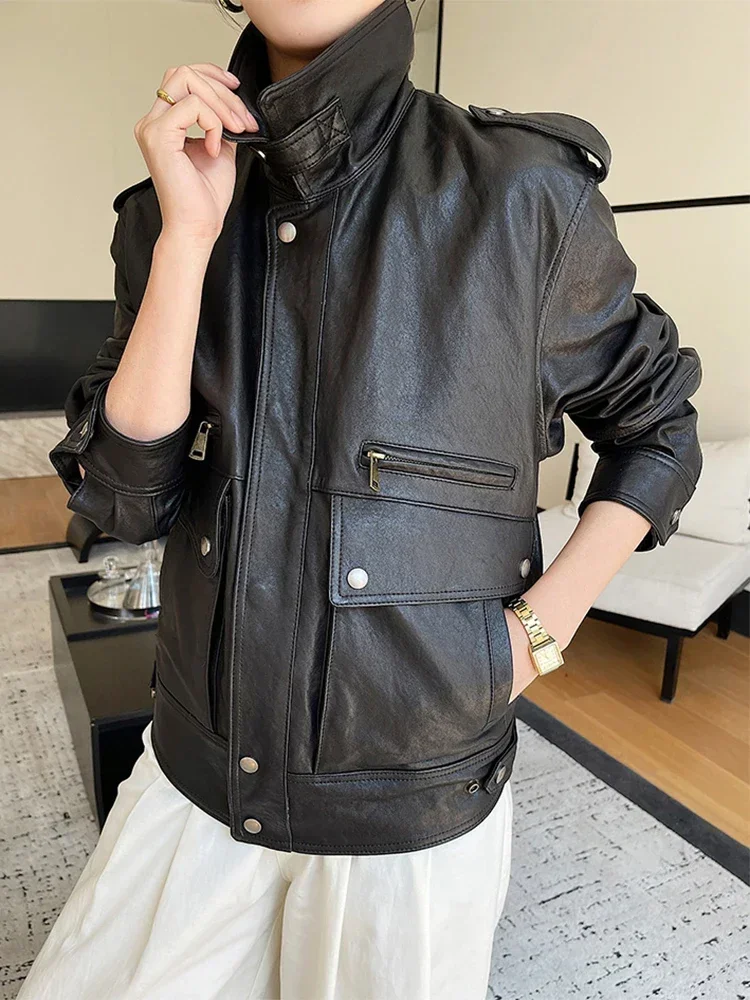 

Vintage Short Genuine Leather Motorcycle Jackets Women Spring Autumn 2026 New High-end Simple Solid Casual Real Sheepskin Coat