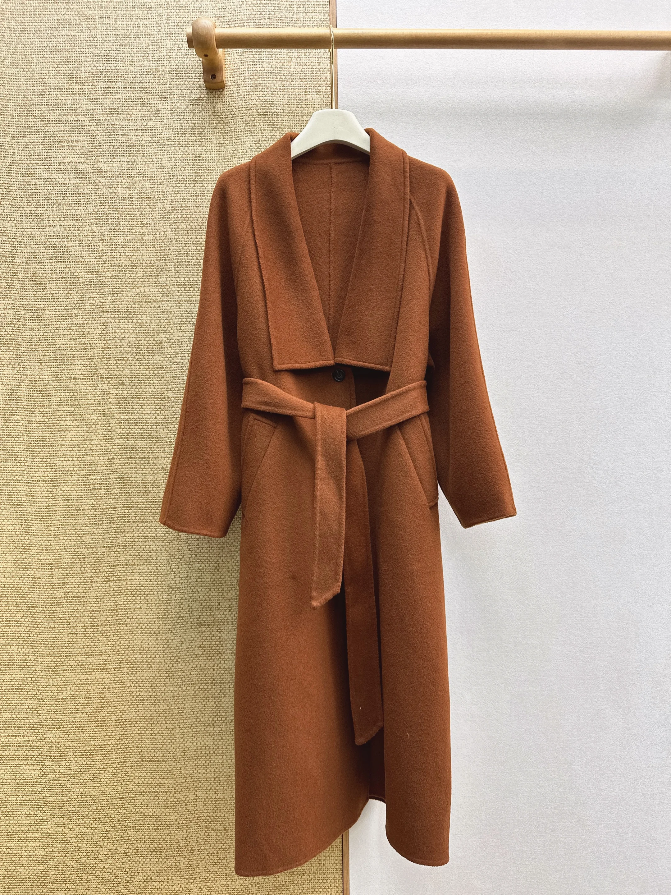 . Gentle Elegant Belted Long Double-Faced Wool Coat