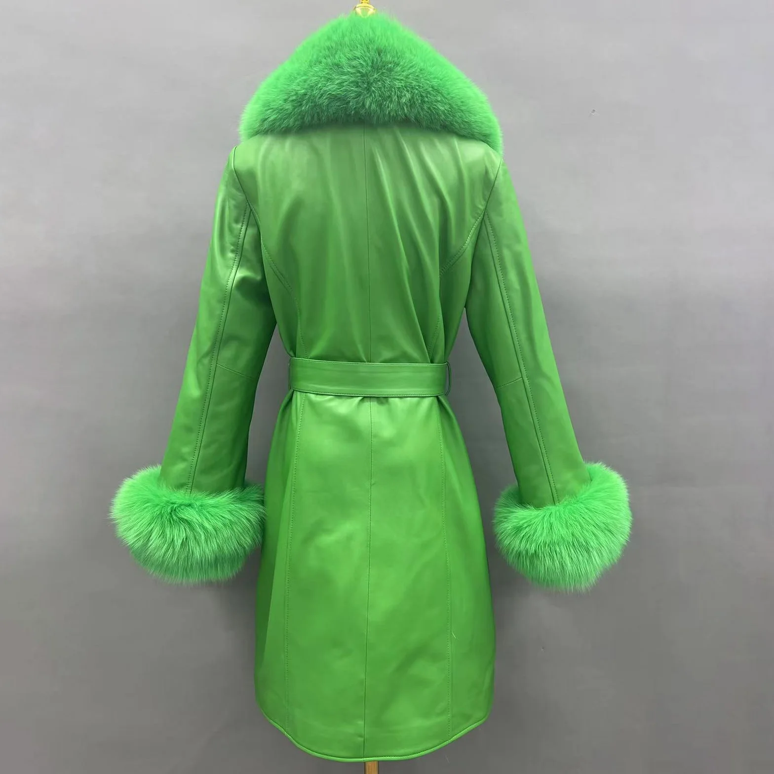 JANEFUR chaqueta de cuero genuino con cuello de piel de zorro para mujer 2023 elegante abrigo largo de piel de oveja auténtica con cinturón de lujo para mujer