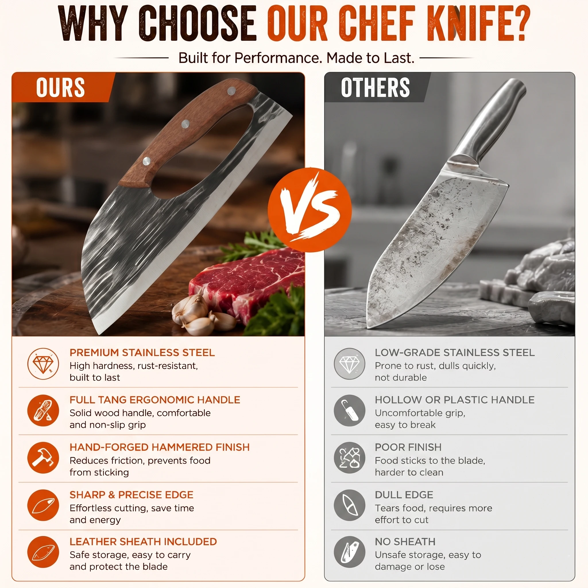 Multi-Purpose Kitchen Chef Knife for Meat &Veg High-End Stainless Steel Chopping Knife with Ergonomic Wood Handle&Control Hole