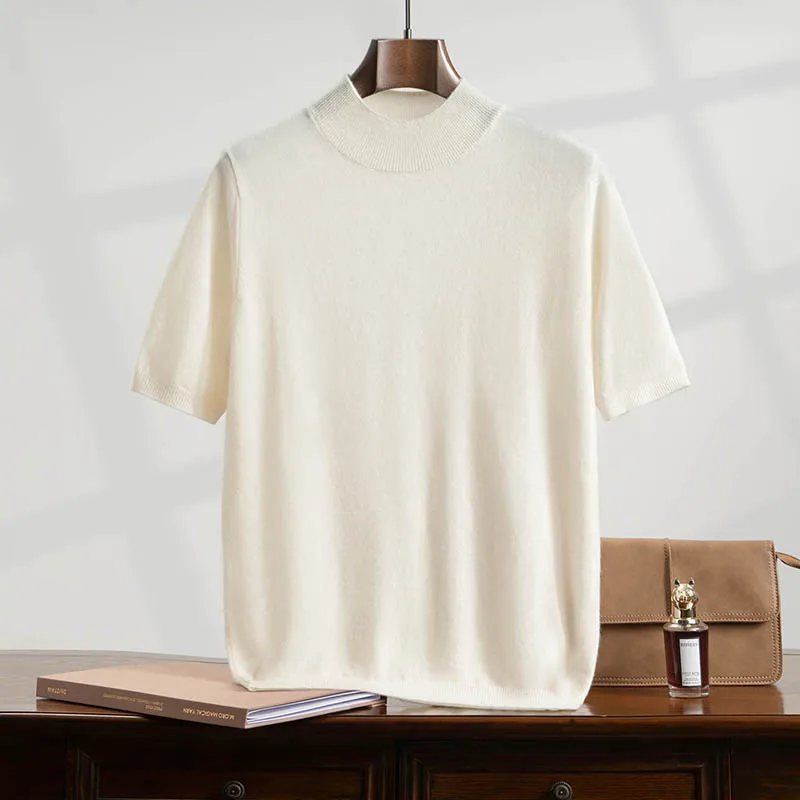 

Spring and Autumn Half neck Short sleeved Men's Cashmere Sweater Loose Hooded Sweater T-shirt Solid Color Knitted Half Sleeve