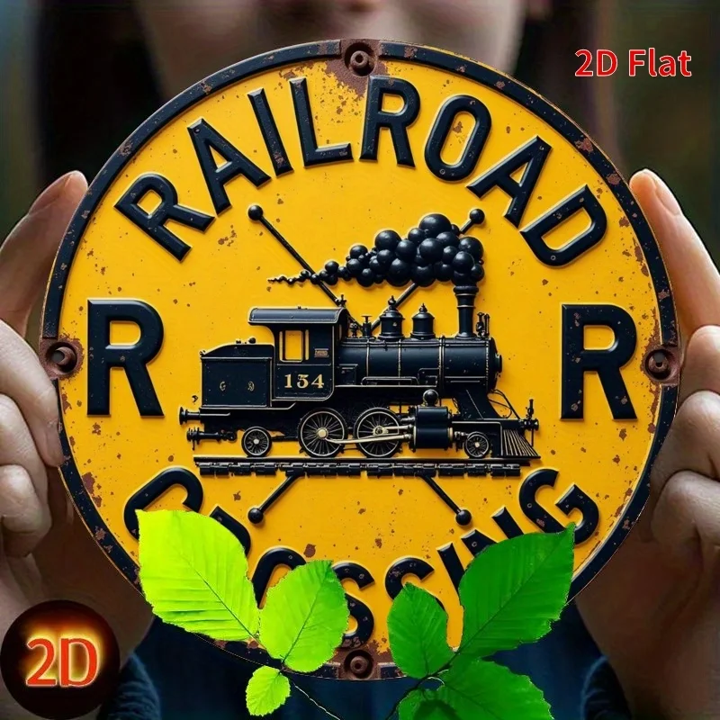 1pc 2D Flat Vintage Railroad Crossing Safety Metal Sign | Retro Railroad Plaque with Steam Locomotive, Yellow & Black Decoration