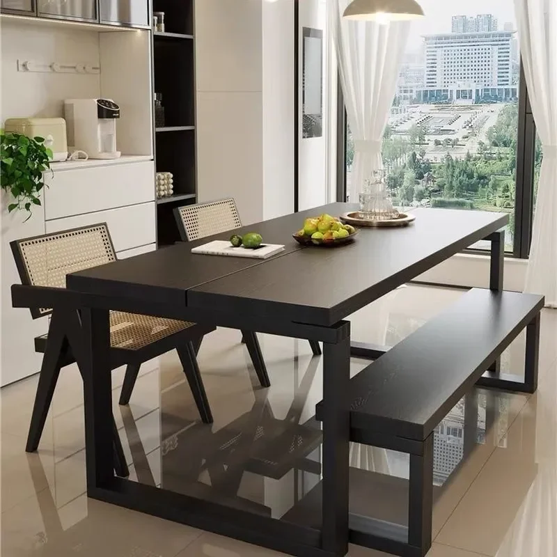 Minimalist Black Solid Wood Dining Table with Traditional Tenon and Mortise Joint Design for Living Room Restaurant Home Use