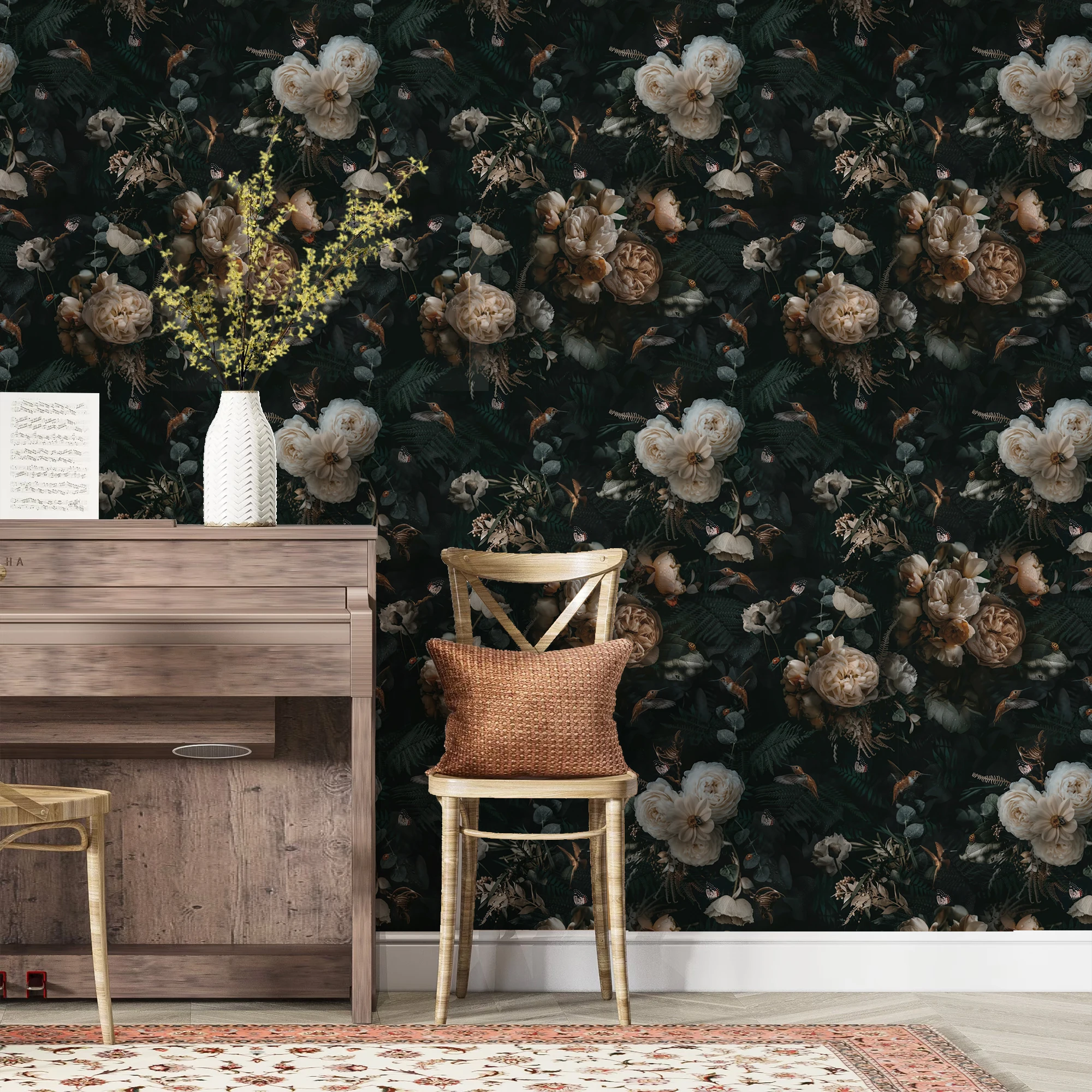 

Vintage Dark Peony Flowers Birds Wallpaper Wardrobe Bedroom Living Room Removable Home Decor Mural Waterproof Self Adhesive