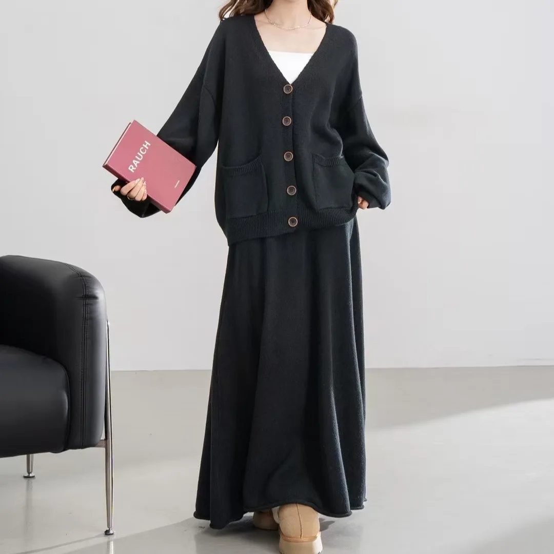 

Women Knitted Dresses Sets Two Pieces Skirt Set Solid V Neck Cardigan A Line Full Lenth Skirts Casual Office Lady 2025 Autumn