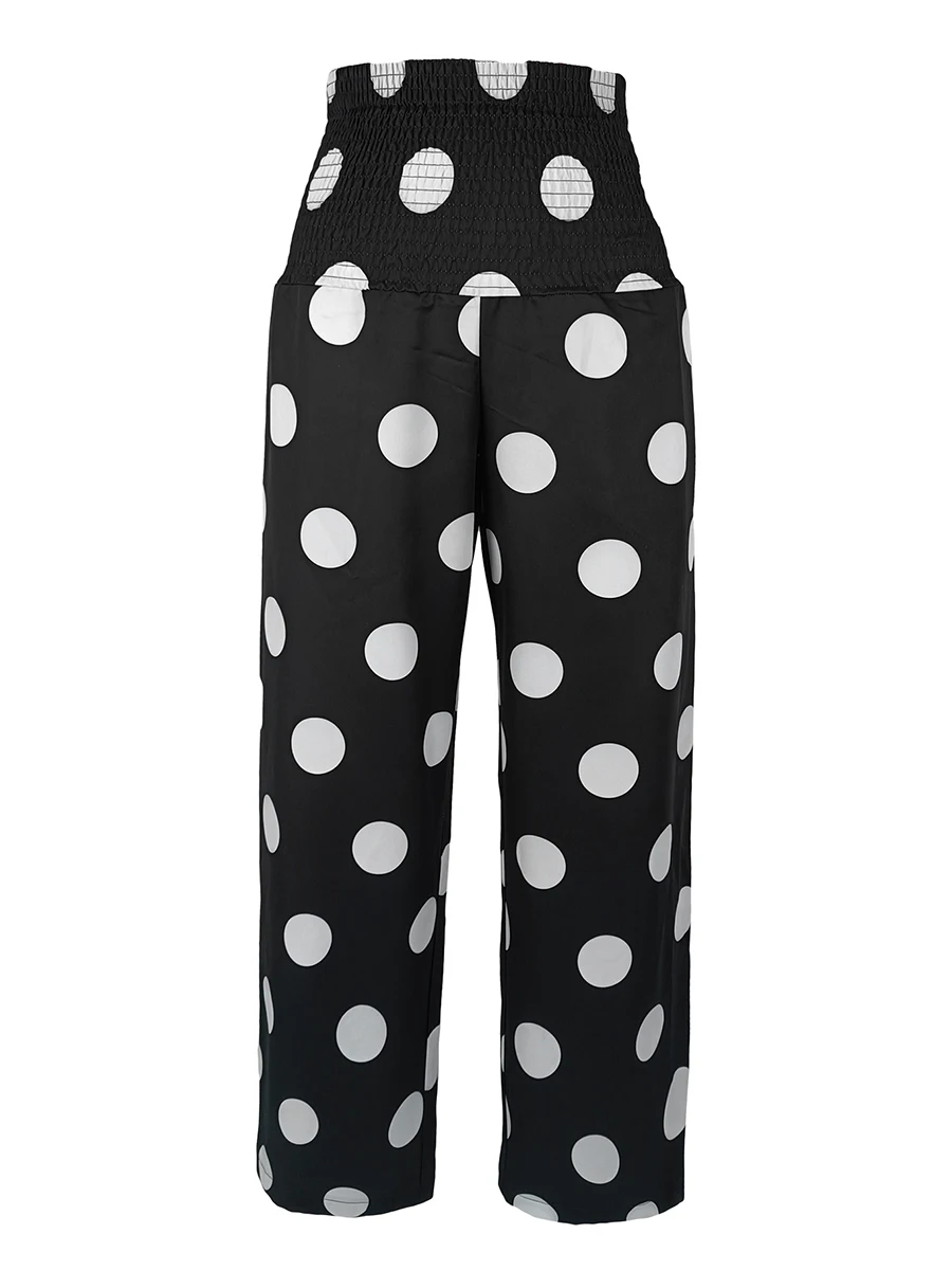 Hochgeschnittene Damen-Hose mit Polka-Dot-Muster, Weites Bein, Elastischer Bund, Palazzo-Stil, Schicke Sommer-Strandhose, Boho Casual Lange Hose – Detail 6