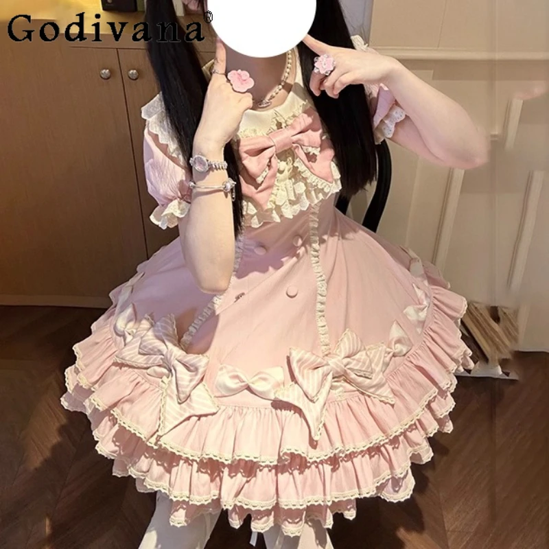 

Cute Sweet Lolita Birthday Princess Ballet Cake Dress Spring and Summer New Girls Short-sleeved Bow Crew Neck Japanese Dresses