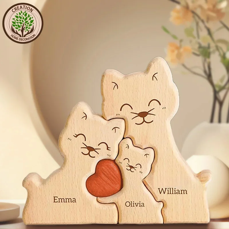 Wooden Cat Art Puzzle Warm Family Handmade Laser Engraving Gifts For Mom Anniversary Thanksgiving Christmas Crafts Ornaments