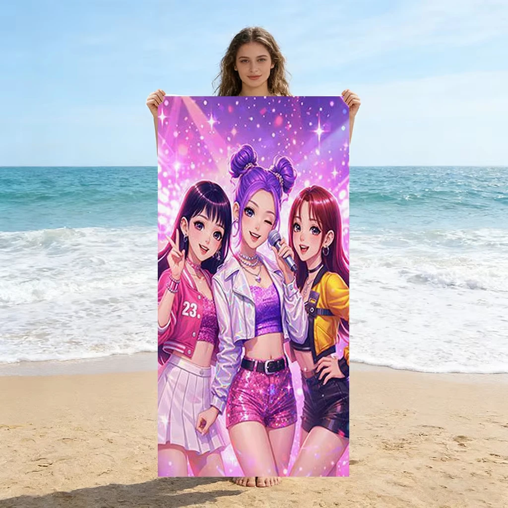 Toalla de playa rosa con diseño de chica anime, microfibra de secado rápido, transpirable, tamaño grande, ideal para jugar junto a la piscina, baño, toalla con estampado de ídolos de K-pop