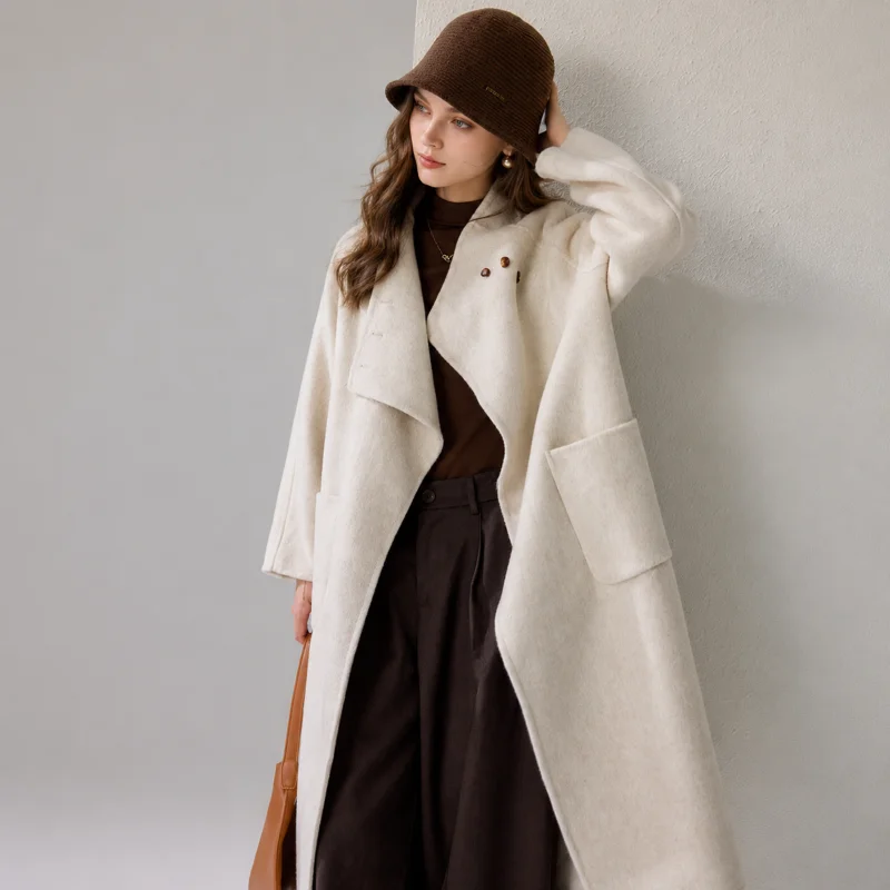 Women's Lapel Belted Wrap Long Coat, Oversized Loose Fit Elegant Winter Overcoat