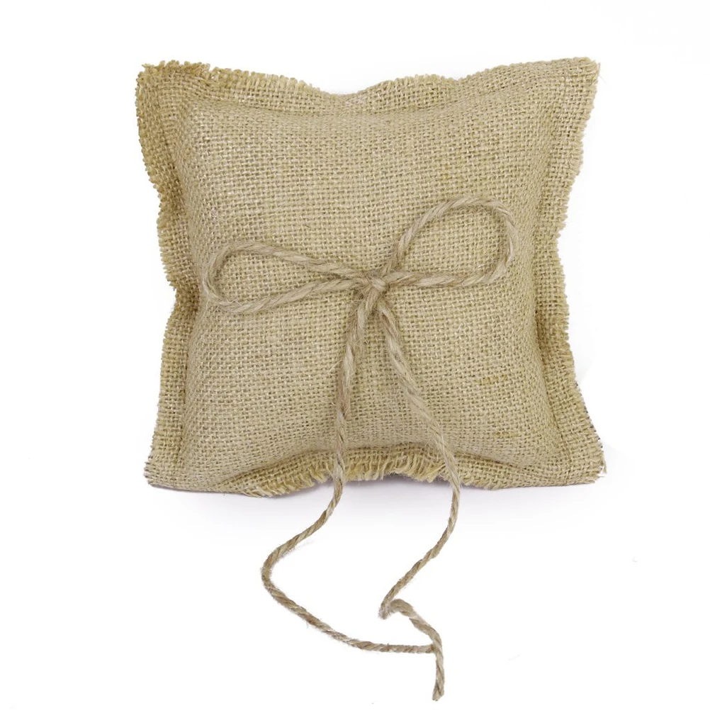 

Wedding Pillow 15x15cm Brown Jute Bowknot String Double Heart Design Ceremony Accessory Bearer Strap Lightweight