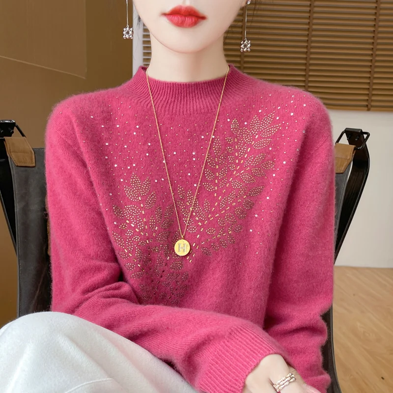 เสื้อฮู้ดไหมพรมขนสัตว์ออสเตรเลียแท้ คลาสสิกสำหรับผู้หญิง แขนยาว คอกลม ประดับเพชร ดีไซน์ลำลอง คุณภาพสูง อุ่นสบาย