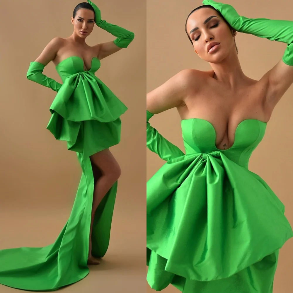 

Customized Formal Green Satin Evening Dress Modern Strapless Homecoming Dresses Lace Up Back Court Train Special Occasion Gowns
