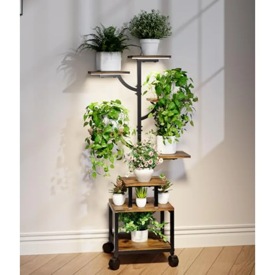 

Plant Stand Indoor with Grow Lights - 7-Tier Plant Stand with Wheels Tall Metal and Wood Indoor Plant Shelf with Tree Design Ro