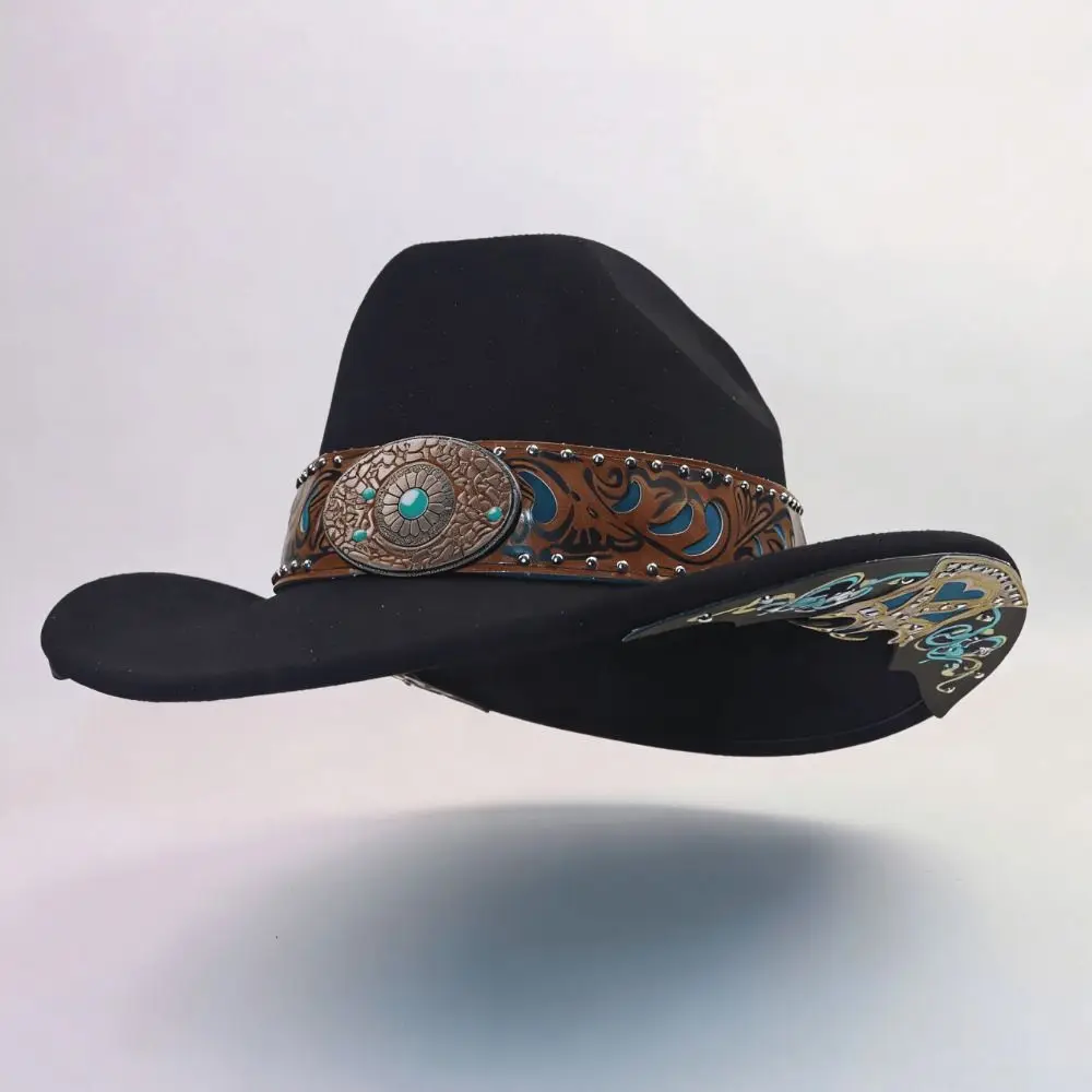 Dress Up Western Cowboy Hat Wide Brim Bohemian Ethnic Style Fedora Hat Turquoise Decor Panama Costume Cosplay Cap