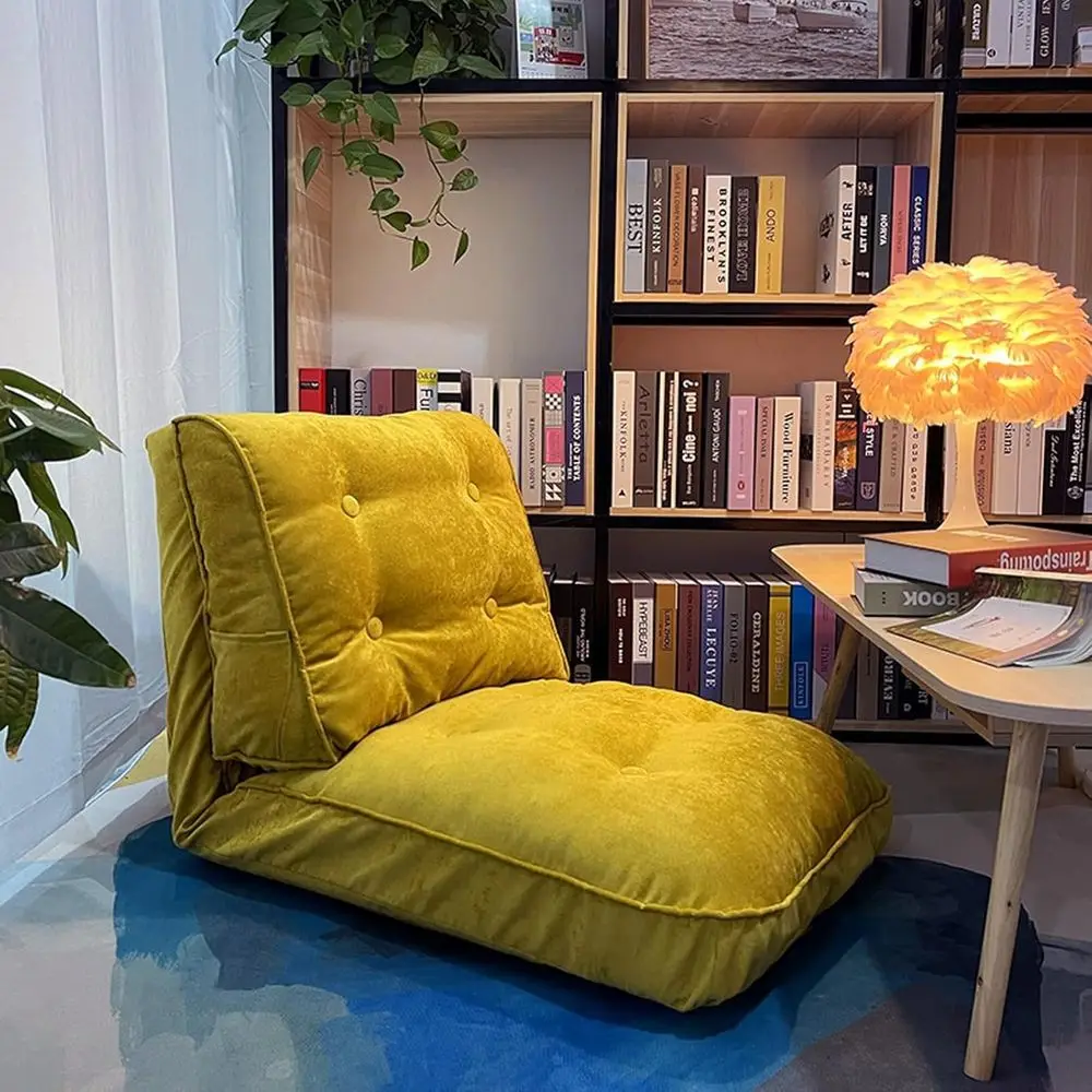 

Adjustable Sofa Bed with Upholstered Couch and Metal Side Pockets, Yellow