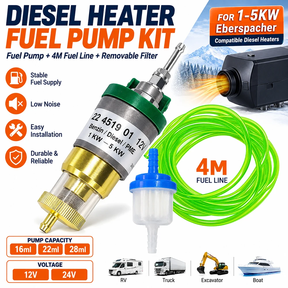 Upgrade Ultra-Low Noise Fuel Pump 12V/24V 16/22/28ml with 4M Fuel Line And Oil Filter for Eberspacher Universal Diesel Heater