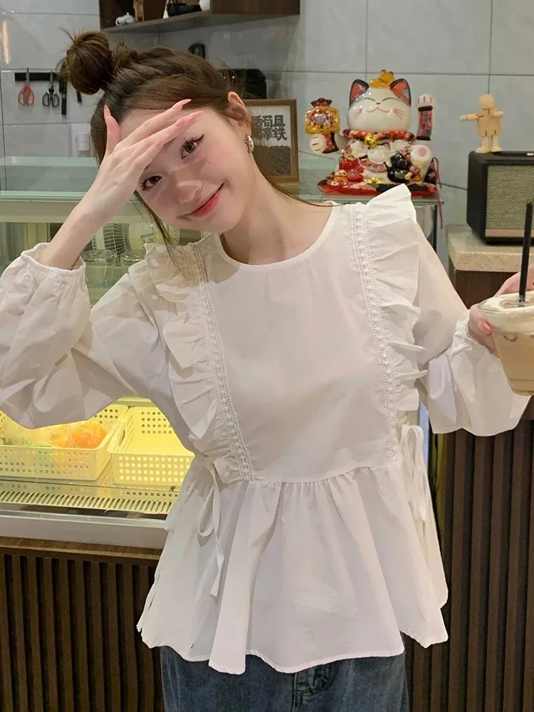 Ruches Zoet Wit Shirt Vrouwen Losse Koreaanse Mode Lange Mouw Blouse Casual Leuke O Hals Ontwerp Vrouwelijke Preppy Stijl Tops