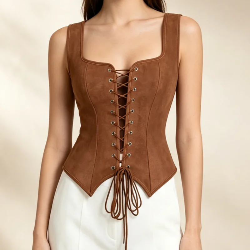 Women Brown Lace Up Corset Top Vintage Sleeveless Square Neck Bustier Renaissance Y2K Cosplay Costume Waistcoat