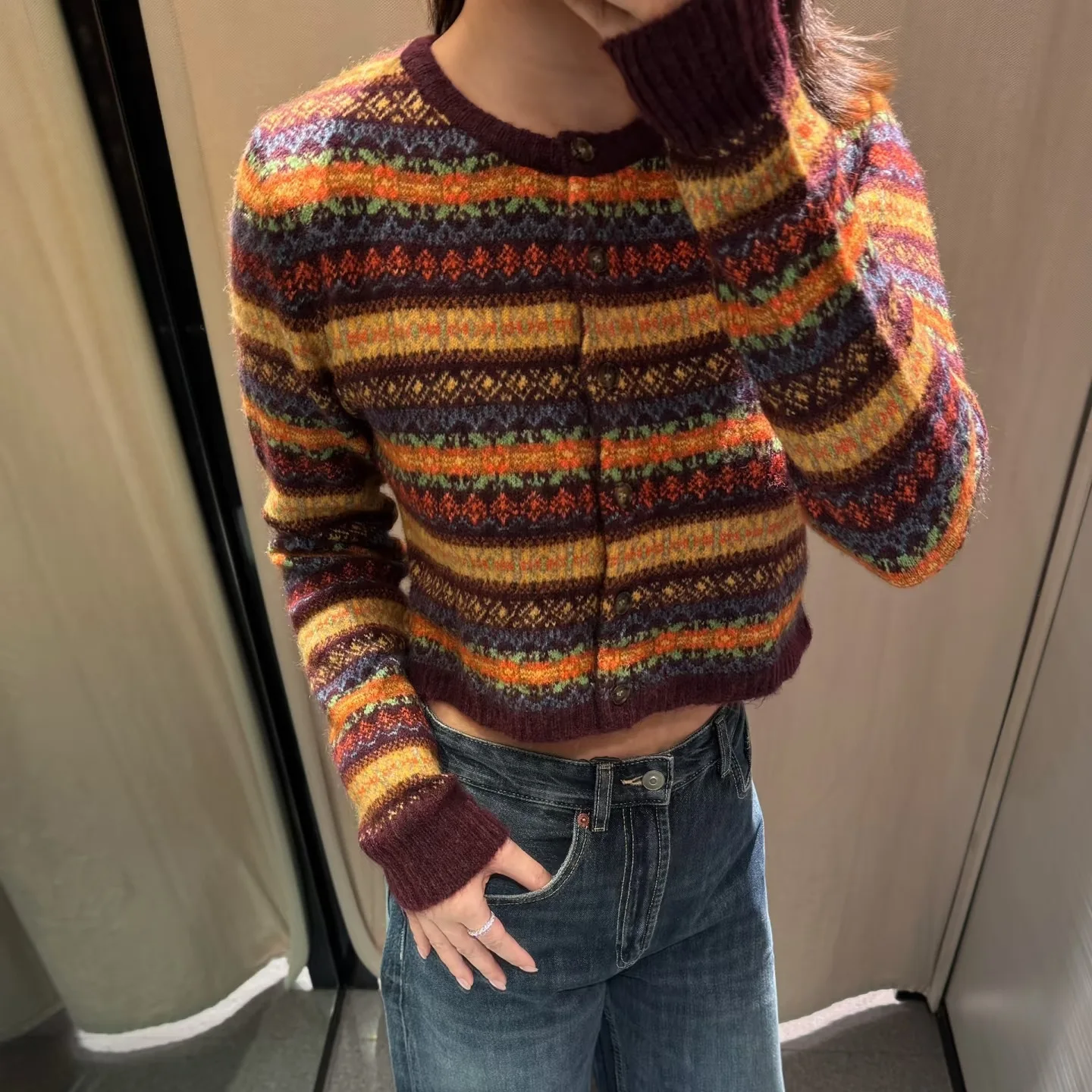 

DSMTRC Bohemian Style Multi Striped Shorts Cardigan Women Spring/Autumn Single Breasted Elegant Knitted Warm Full Sleeve Sweater