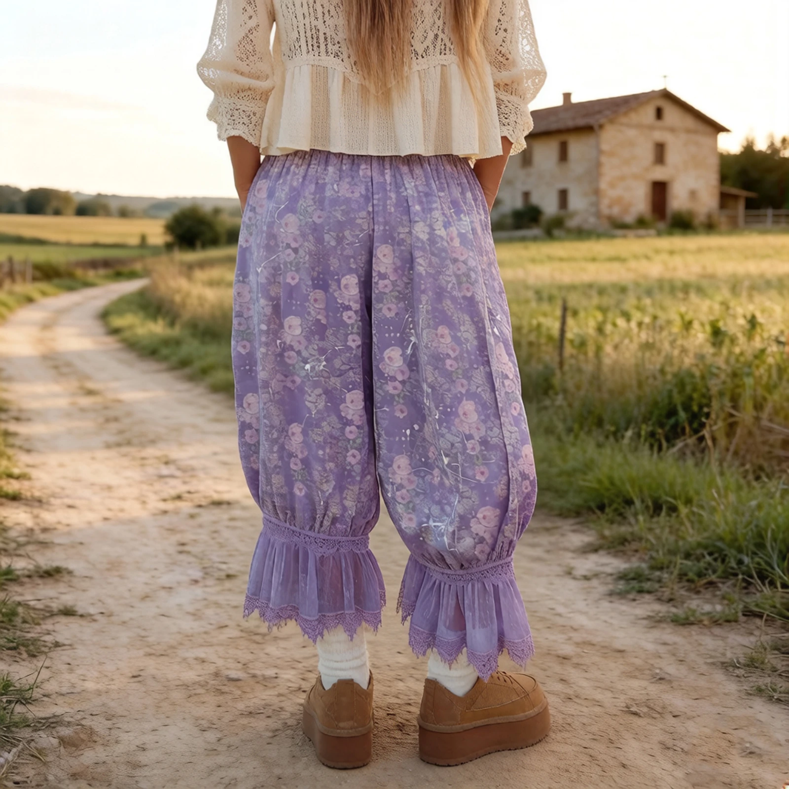 Chic Women Floral Capris Bloomers with Lace Trim Elastic Waist Drawstring Ankle Length Lantern Pants for Summer Spring