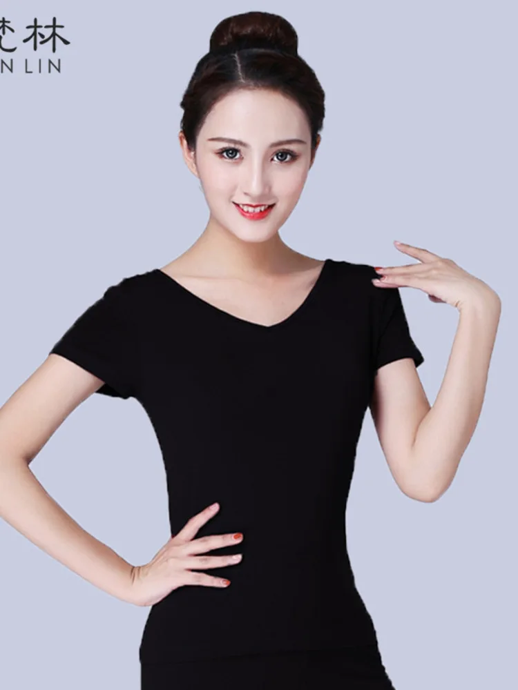 Slim Fit Backless Ballroom Dance Competitie Podium Tops Dancewear Latin Vrouwen Effen Kleur Standaard Meisje Luxe Klassiek T-Shirt