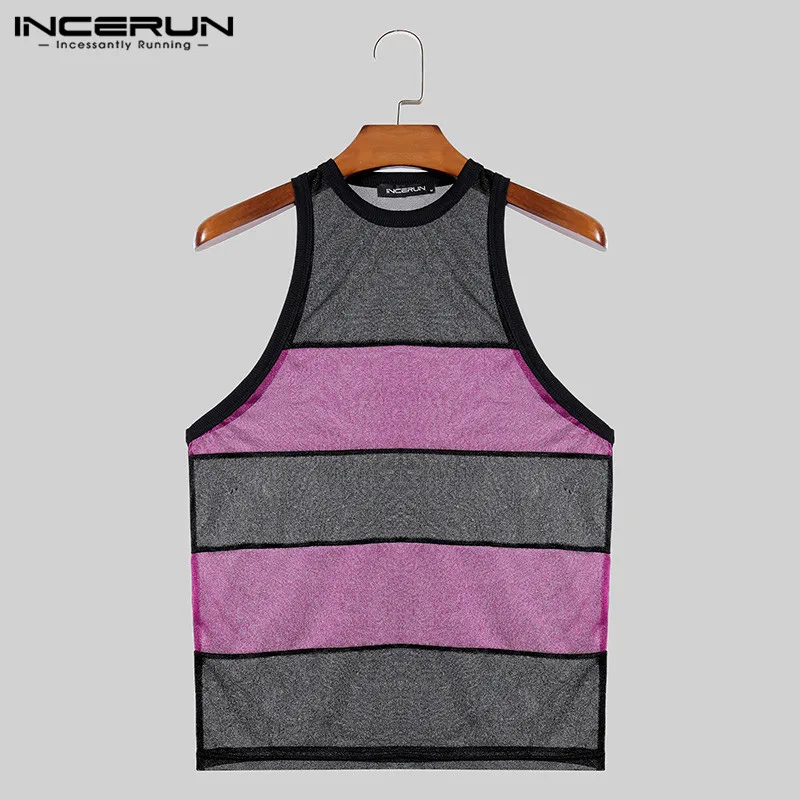 INCERUN Men\'s Tank Tops Striped Mesh See Through O-neck Sleeveless Streetwear Sexy Vests Summer 2024 Fashion Men Clothing S-5XL