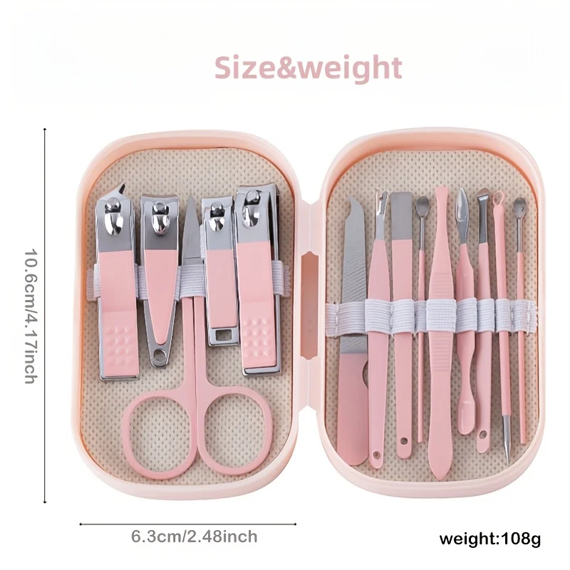 Ensemble de coupe-ongles portables avec cure-oreille, outils de manucure durables pour dortoir, ciseaux à sourcils et accessoires pour Nail Art, 14 pièces