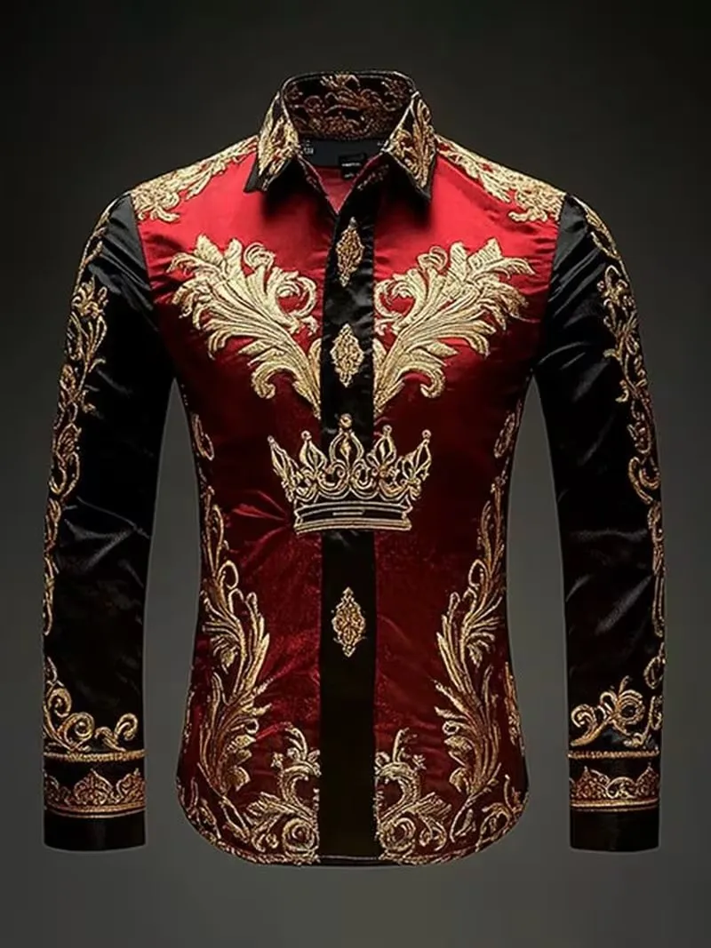 New Wine Red Black Gold Crown Palace Style 3D Printed Pattern Long Sleeve Shirt Heavy Industry Luxury Men's Shirt