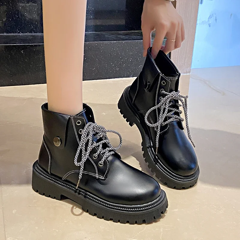 Women's Shoes 2024 Ankle Women's Boots Classics Modern Boots Women Turned-over Edge Round Toe Med Heel Front Lace-up Shoes Women