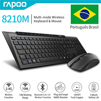 Rapoo 8210M Multi-Mode Bluetooth Wireless Keyboard and Mouse Kit ABNT2 Portuguese Brazil Layout Black Color with Multimedia Keys