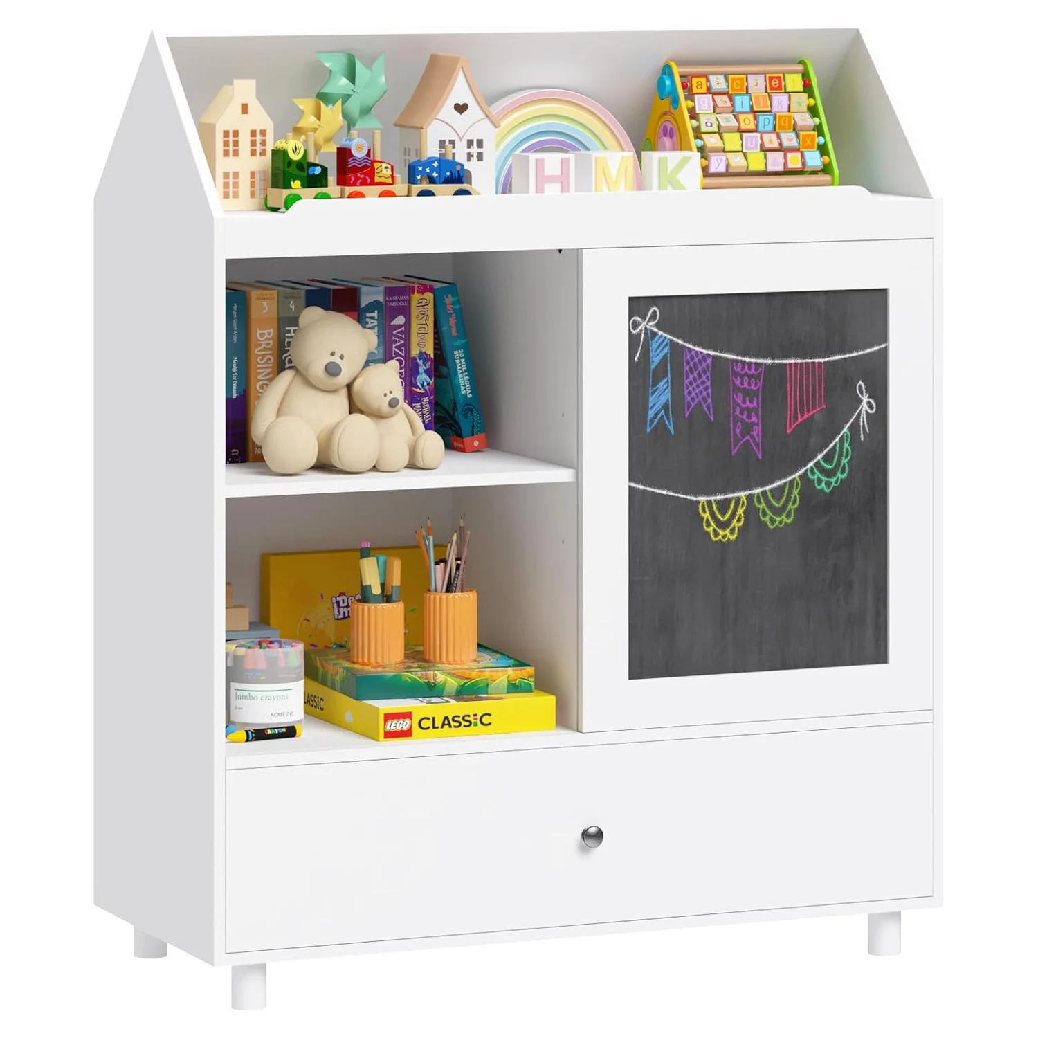 Rak Buku Anak Penyimpanan Mainan dengan Desain Rumah Papan Tulis Penyimpanan Mainan Anak dengan Pintu Geser Lemari Penyimpanan Mainan