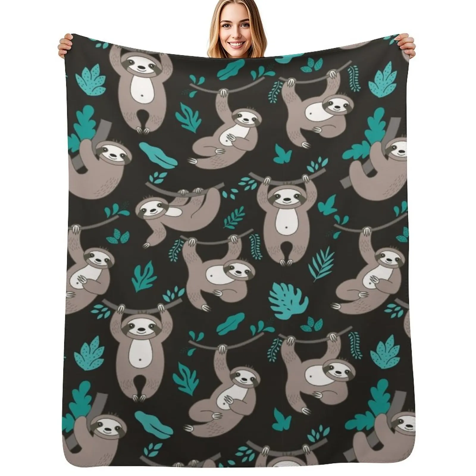 

Lazy Sloths on Black Background Throw Blanket Plaid on the sofa Fashion Sofas Sofa Personalized Gift Blankets