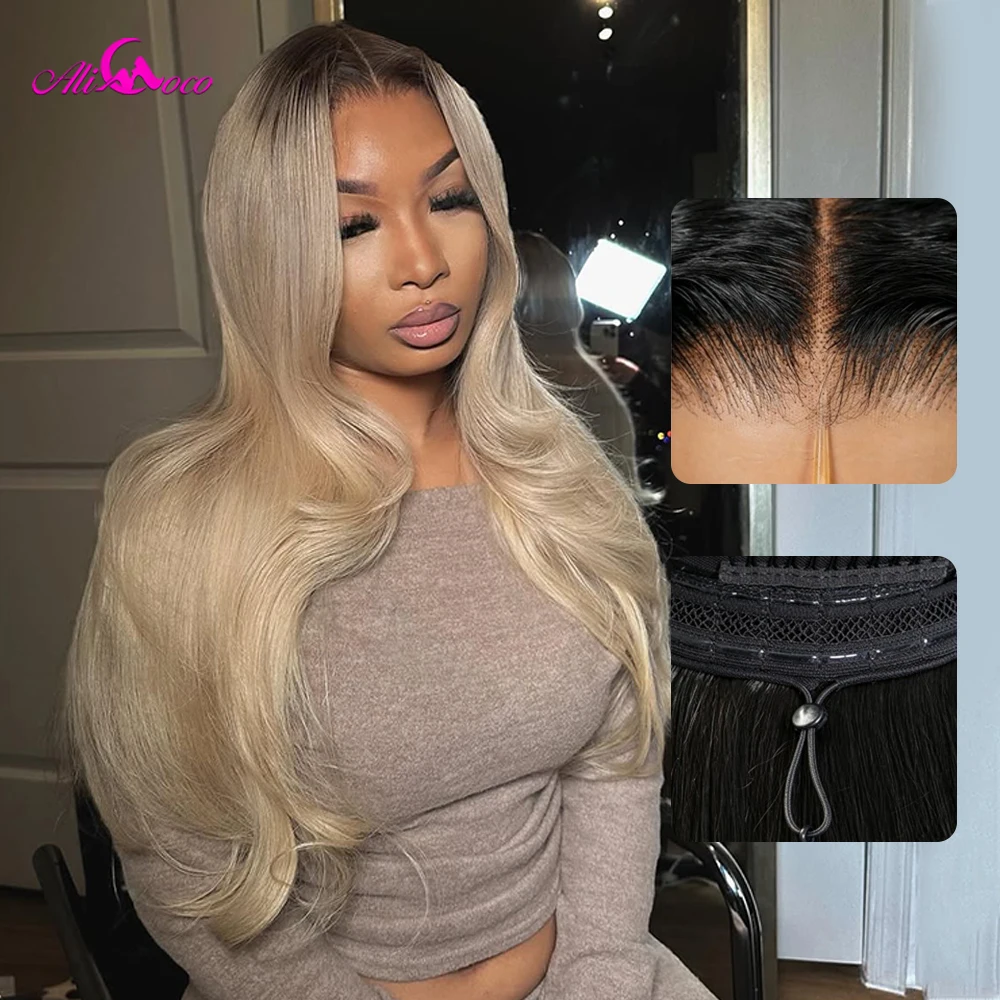 Ombre Ash Blonde for Women 200 Density Body Wave Lace Front Wigs Human Hair with Dark Brown Roots 13x6 Drawstring Wigs
