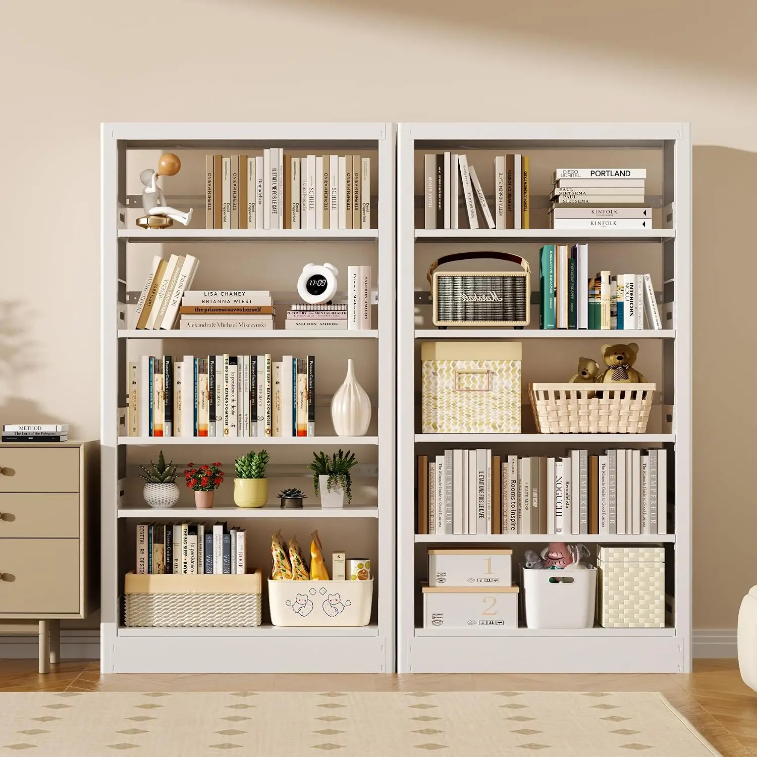5-Tier Adjustable Metal Bookshelf with Book Stopper for Library Office Living Room White 1 Column 3 Unit, Customized