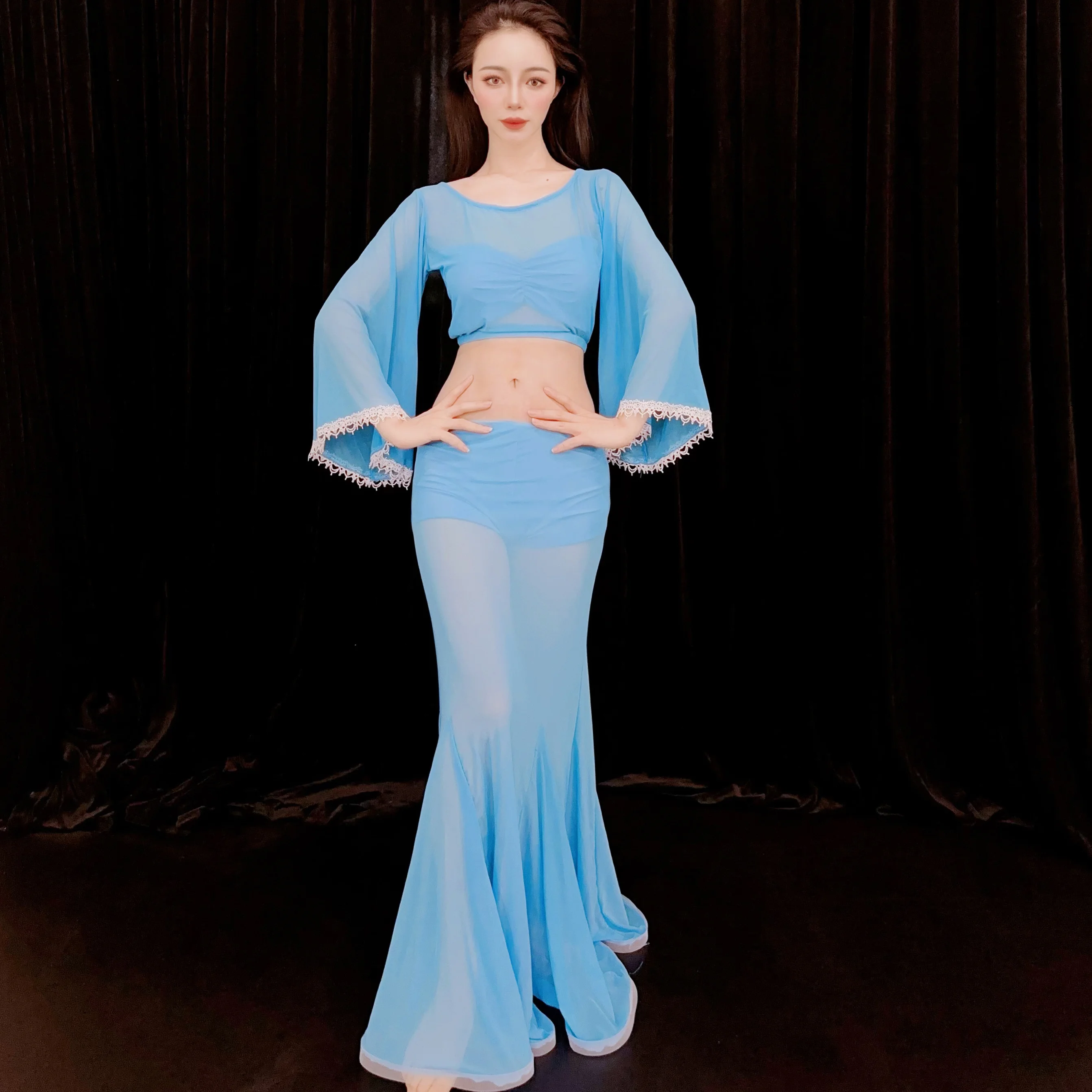 Zohandmulu nouveau ensemble de costumes de spectacle de danse du ventre en dentelle bleue jupe de queue Fi pour débutants tissu net Fitn/Yoga/Ba pour femmes...