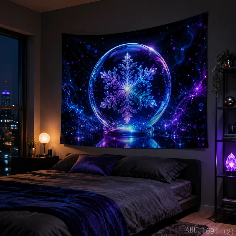 VIKAMA Neon Purple Blue Crystal Snowflake Gift Box Starry Water Reflection Gem Glow Art Christmas Tapestry Wall Hanging Bedroom