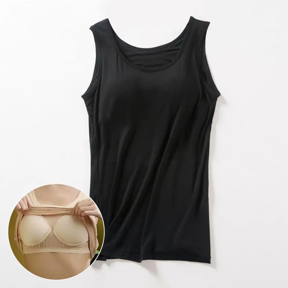 Pure Color Stretch Fabric Sleeveless Tops, Women Vest With Built-in Bra Wide Straps For Yoga Workout Casual