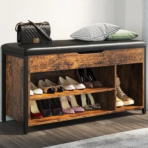 

Shoe Bench, Lift Top Shoe Bench, Adjustable Entryway Bench, Metal and Wood Shoe Rack Organizer with Cushion for Entry, Bedroom