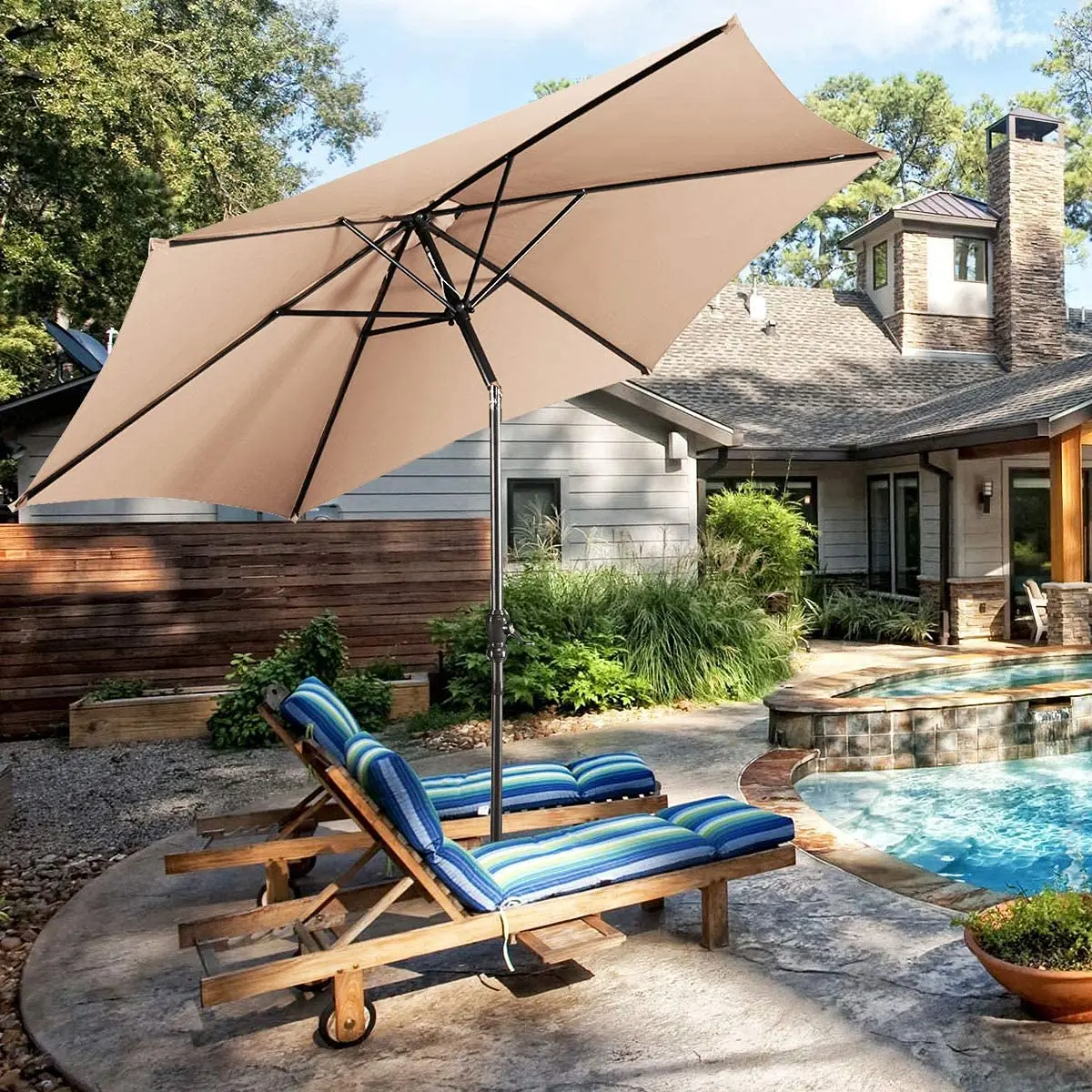 Patio Umbrella with Base Stand, 10ft Market Umbrella with 59 LBS Heavy-Duty Round Umbrella Stand, 180G Polyester Fabric