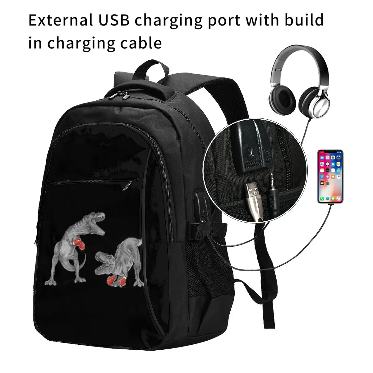 T-REX BOXING Klasyczne plecaki USB Racerback Fashion Tote Travel Hiking Port USB Torby na notebooki