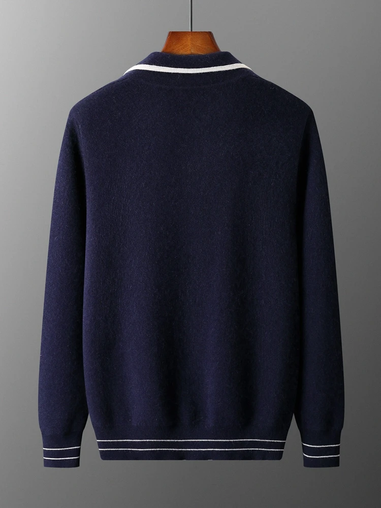 Sweter Pria Kerah Polo Mantel 100% Wol Merino Cardigan Pakaian Musim Gugur Musim Dingin Sweter Rajut Korea Tebal Resleting Terbuka Jaket Jahitan