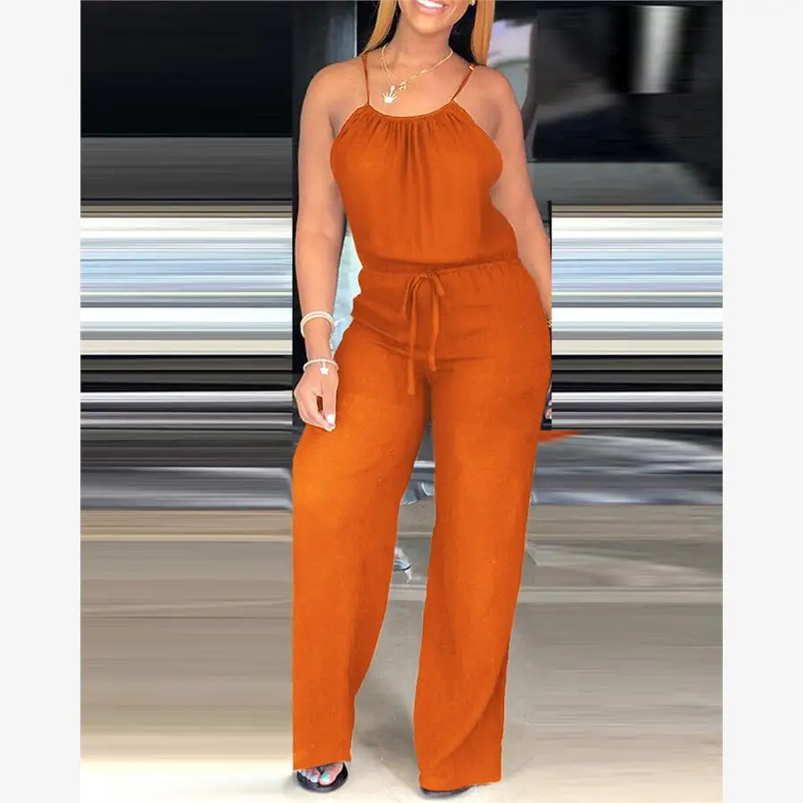 Mono informal de Color puro con cordón para mujer, traje de una pieza con tirantes finos, pantalones largos de calle, tela de poliéster