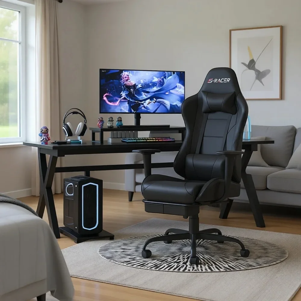 Gaming Chair with Footrest Massage Lumbar Support Height Adjustable Headrest Swivel Seat Black