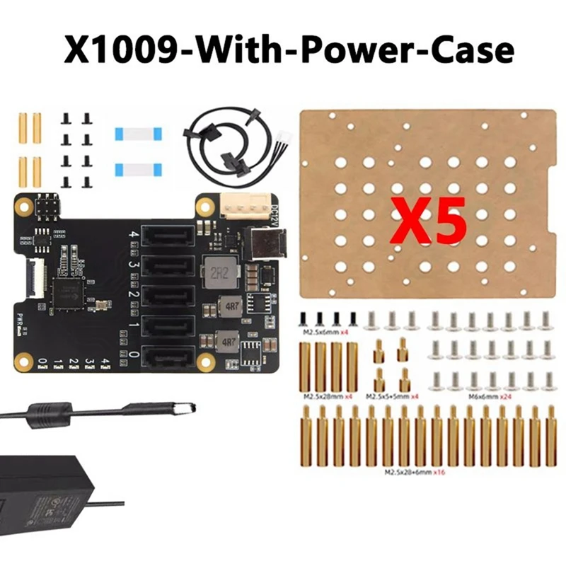 Hot X1009 PCIe to 5 Port SATA Shield with Case for Raspberry Pi 5 PCIe to 5 SATA 3.0 NOT Support Boot From HDD/SSD EU Plug